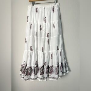 Vintage Y2K Tiered Cotton Maxi Skirt Size Large Paisley Peacock Peasant Bohemian